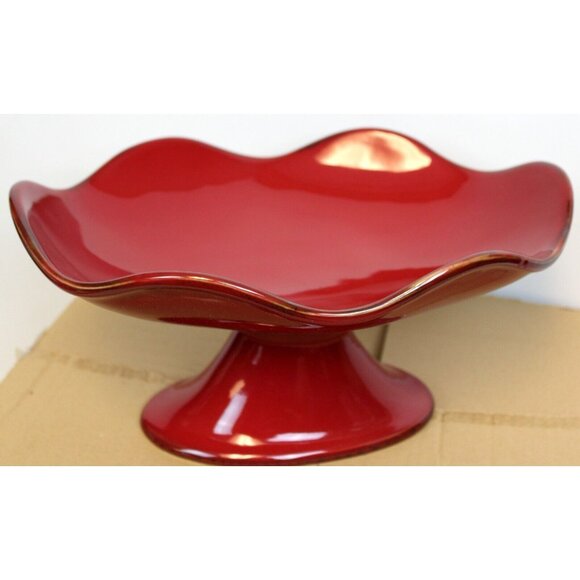 Southern Living Cinnabar Footed Serving Bowl Red Stoneware Pedestal Ruffled Edge - Picture 7 of 9